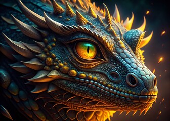 Majestic Dragon's Face, Glowing Yellow Eyes, Night Aerial View - Fantasy Stock Photo