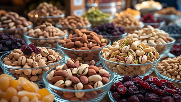 Assorted nuts and dried fruits in glass bowls, healthy snack variety, food market display, natural ingredients, colorful assortment, gourmet selection, close-up view.