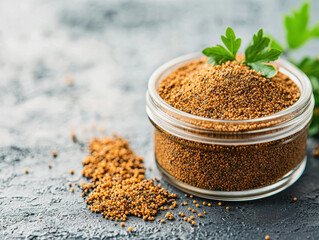 glass container filled with mustard seeds, showcasing their texture and color