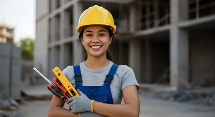 A woman construction worker wearing a hard hat, smiling confidently while holding a toolkit