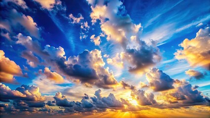 Beautiful blue sky with fluffy white clouds drifting lazily across the horizon at sunrise , Sky, Horizon