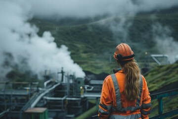 Naklejka premium A female industrial worker observes geothermal energy production.