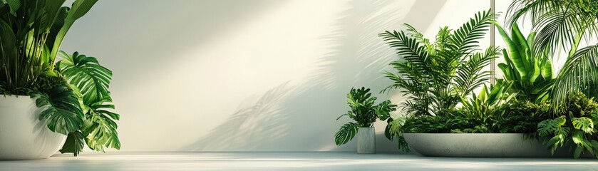 Obraz premium Lush indoor plants in modern pots create a serene atmosphere, enhancing the aesthetics of a minimalist space with soft natural light.
