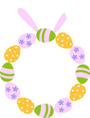 Colorful Easter egg wreath with bunny ears flat vector illustration.
Spring egg wreath with rabbit ears design isolated.
Good for greeting card,poster, banner, leaflet .
Transparent background.