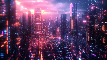 Fototapeta premium Modern High-Tech Cityscape with Space and Neon Effect, Digital Urban Design for Banner