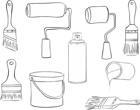 Set of painter rollers brushes, tools, color can and aerograph isolated. Vector graphic line ink illustration