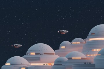 Obraz premium retro-futuristic cityscape featuring domed buildings flying vehicles and glowing neon signs illuminated against dark