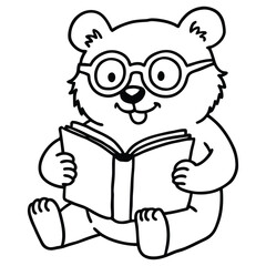Fototapeta premium a bear in glasses reading a big storybook color line art