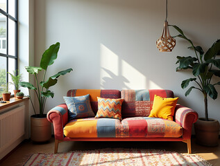 Ethnic, bohemian, minimalist interior design of modern living room, home. Colorful patchwork sofa against window