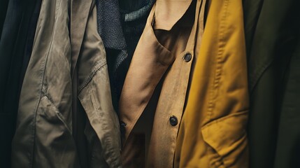 A close-up of layered outerwear such as trench coat showcasing intricate design fabric texture and stylish aesthetics for modern fashion lovers