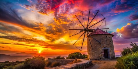 Majestic Greek Windmill Sunset: Long Exposure Photography