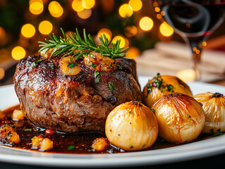 delicious plate of beef in red wine sauce, garnished with herbs and served with roasted onions, creating warm and inviting dining experience