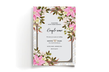 WEDDING INVITATION FRAME WITH FLOWER DECORATIONS AND FRESH LEAVES