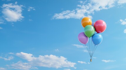 Colorful bunch of balloons in various shapes and sizes floating against a clear blue sky