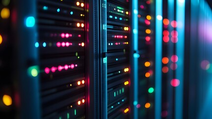 Naklejka premium Close-up of servers with blinking lights managing i fd850953-8313-4c09-a8b5-074ea5ad0416 2 in a high-tech data center environment showcasing modern technology