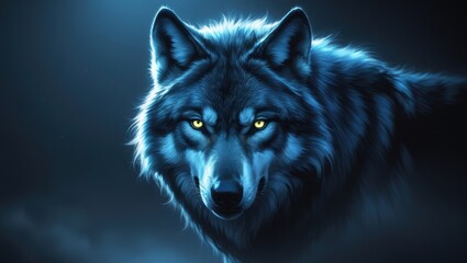 A mighty wolf with glowing eyes steps from the dark, its fur brushed with blue.