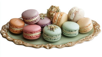 Obraz premium A selection of colorful French macarons in various pastel hues, arranged on a decorative plate, showcasing the delicate beauty and sweetness of this famous French dessert