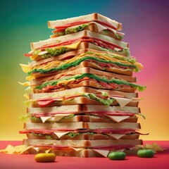 Towering Gourmet Sandwich Stack: Mouthwatering Multilayer Masterpiece of Fresh Ingredients, Artfully Layered with Crispy Bacon, Juicy Tomatoes, Melted Cheese, Crisp Lettuce, and Savory Meats on Toast