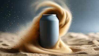 A can with a drink lies on a sandy surface. A sand vortex is formed around it, which creates the effect of movement and the illusion of speed