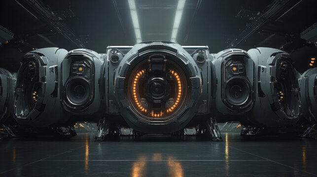 Futuristic industrial machine with intricate metal design and illuminated central core in high-tech factory setting under artificial light