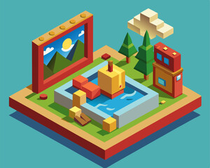 Fototapeta premium A painting with landscape image. Isometric style. Vector illustration.