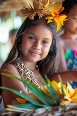 A joyful girl adorned with vibrant flowers, showcasing cultural heritage and traditions.