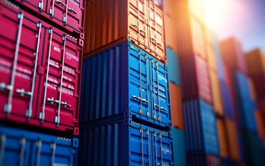 Fototapeta premium Colorful shipping containers stacked high, creating a vibrant industrial scene illuminated by sunlight.