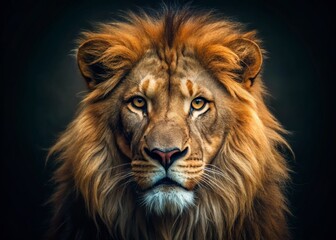 Fototapeta premium Majestic Lion Face in Low Light, Dramatic Wildlife Portrait
