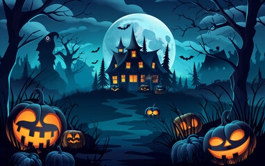 Haunted House in a Dark Forest with Full Moon – Halloween Concept