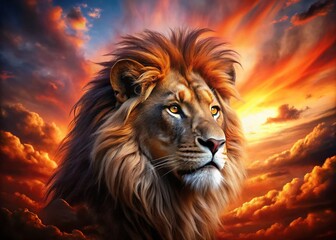 Naklejka premium Majestic Lion Head Silhouette Against Fiery Red Smoky Sky - Stunning AI Generated Landscape