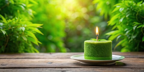A small green cake with a single candle sitting on a minimalist wooden table, surrounded by lush greenery and soft natural light , small cake, peaceful atmosphere