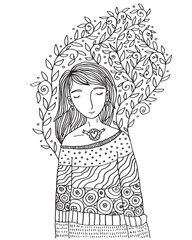 Spring Dreaming Girl Outline