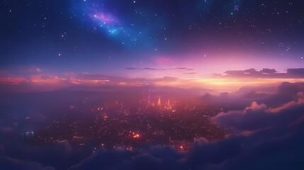 Fototapeta premium Ethereal cityscape under a cosmic sky at night. Glowing Nebula Cityscape. Illustration