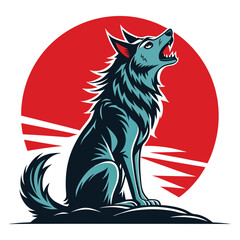 a dog howling at a giant red sun with retro stripe illustration design
