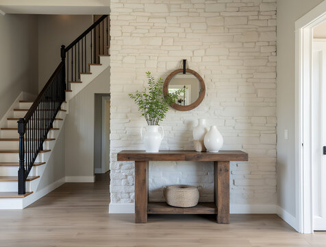 Rustic console table near stone cladding wall. Farmhouse interior design of modern home entryway with staircase.