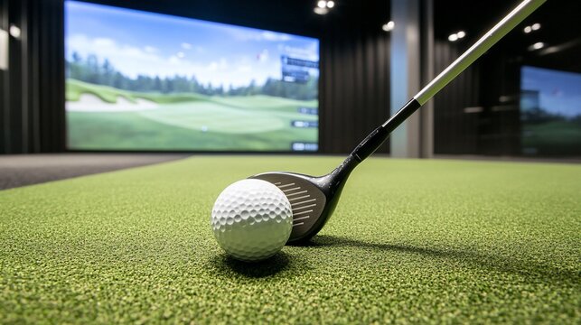 Indoor golf simulator, driver, ball, screen, practice, swing, technology, lesson, facility, game