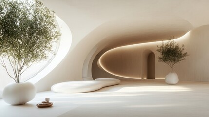 Modern minimalist interior, light-filled lobby, relaxing atmosphere, for use in architecture or design portfolios