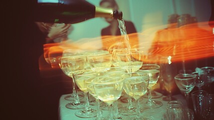 Champagne pouring into vintage glasses at a retro party, evoking a nostalgic celebration vibe.
