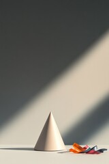 Fototapeta premium single party hat placed on smooth neutral surface with colorful ribbons cascading softly beside it under diffused light