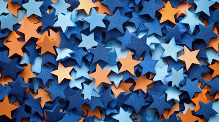 Blue, orange, and light blue star confetti background.