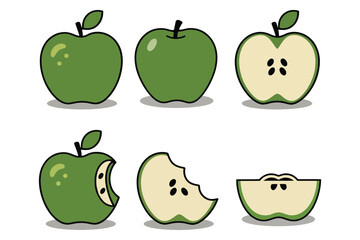 Green Apple Vector Set – Fresh Whole and Sliced Apple Illustration for Food, Fruit, and Healthy Eating Designs