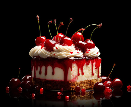 Delicious cherry cake topped with cream and fresh cherries, beautifully presented on black background, creating enticing dessert display - Powered by Adobe