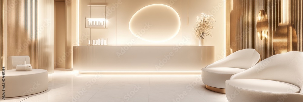 Poster modern spa reception area featuring elegant decor and soft lighting in a serene environment. generat