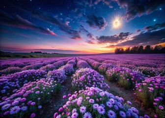 Fototapeta premium Majestic Night Bloom: Drone View of a Dark Purple Flower Field