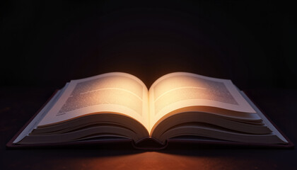 Minimalistic open book with glowing pages on dark background, magical allure