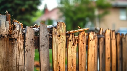 Close-up of a damaged wooden fence being repaired, highlighting worn planks and repair tools.