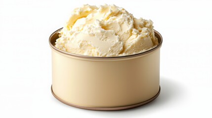 Close up of Creamy Vanilla Ice Cream in a Pale Yellow Tin Can on White Background