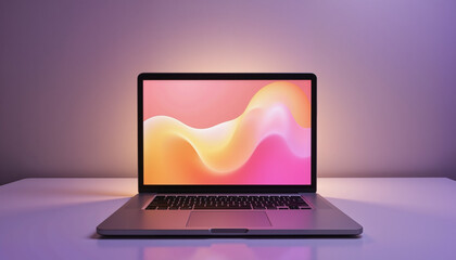 Modern minimalist laptop with glowing screen on soft gradient background, tech innovation