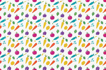 Colorful seamless pattern of various vegetables and fruits.