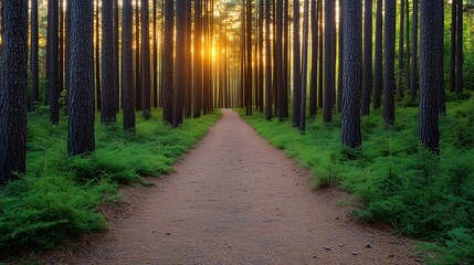 Obraz premium A breathtaking path winding through a majestic pine woodland, towering evergreens stretching into the sky, golden sunlight filtering through dense foliage